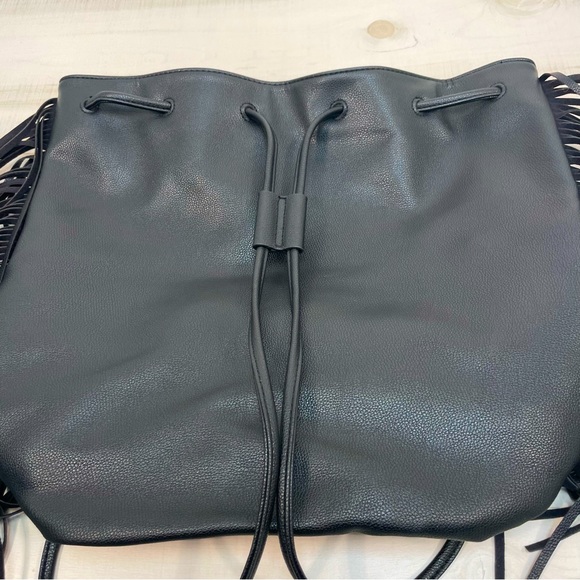 Victoria’s Secret NWT Black Faux Leather Fringe Drawstring Backpack Vegan - Picture 9 of 9